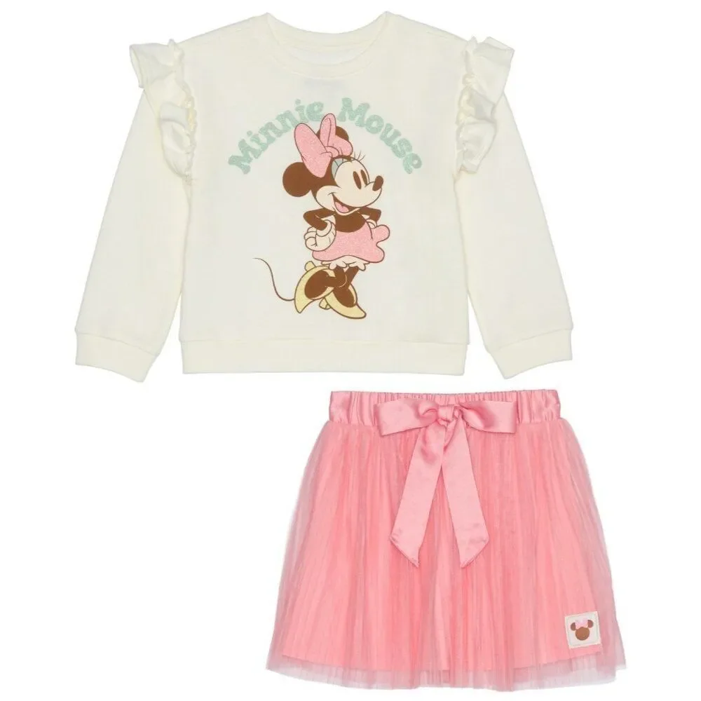 Disney Junior Minnie Mouse Long Sleeve 2-Piece Ivory Pink Skirt Set Toddler 4